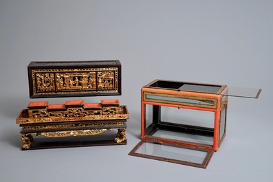 A Chinese Straits or Peranakan market gilded and lacquered wood altar box on stand and a table display, 19th C.