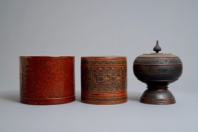 Two round lacquered betel boxes and an alms bowl and cover, Burma, 19/20th C.