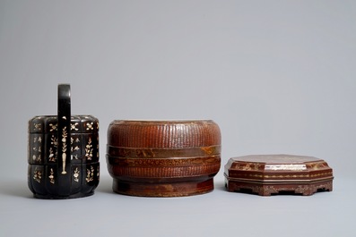 Two Chinese lacquered marriage boxes and a condiment set in box, 19/20th C.