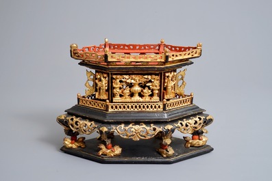 A Chinese Straits or Peranakan market gilded and lacquered wood offering box, 19th C.