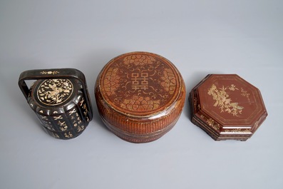 Two Chinese lacquered marriage boxes and a condiment set in box, 19/20th C.