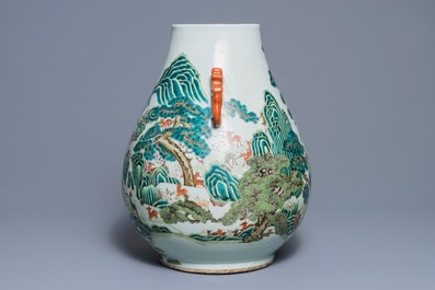 A Chinese famille rose 'hundred deer' hu vase, Qianlong mark, 19/20th C.