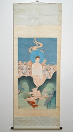 Ji Kang (1911-2007): Guanyin surrounded by tutelars, watercolour and ink on paper mounted on scroll, 20th C.