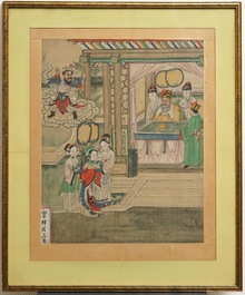Chinese school: Twee sc&egrave;nes uit 'De reis naar het westen', inkt en kleur op papier, 18/19e eeuw