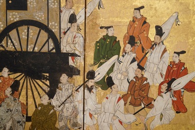 Een Japans tweedelig beschilderd byobu scherm met reizigers in een landschap, Edo, 17/18e eeuw