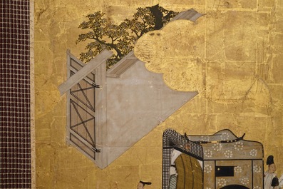 Een Japans tweedelig beschilderd byobu scherm met reizigers in een landschap, Edo, 17/18e eeuw
