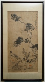 Yang Han (1812-1879): Vier ganzen bij een hibiscus, inkt en kleur op papier
