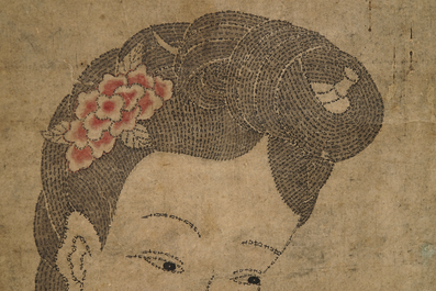 Chu (Zhu) Shang: Mei Shou Tu (Beauty, longevity and painting), ink and colour on paper, dated 1773