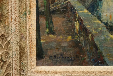Verbrugghe, Charles (1877-1974): Une vue sur le pont 'Meebrug' &agrave; Bruges, huile sur panneau