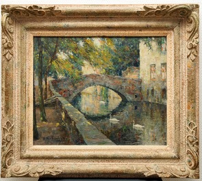 Verbrugghe, Charles (1877-1974): A view on the Meebrug in Bruges, oil on panel