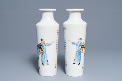 An important pair of Chinese rouleau vases with figures and calligraphy, Qianlong mark, Republic, 20th C.