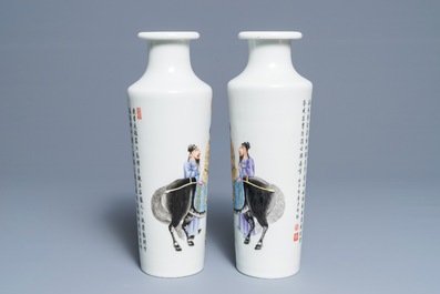 An important pair of Chinese rouleau vases with figures and calligraphy, Qianlong mark, Republic, 20th C.