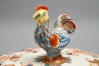 A polychrome petit feu and gilded Dutch Delft rooster-topped butter tub, 1st half 18th C.