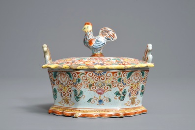 A polychrome petit feu and gilded Dutch Delft rooster-topped butter tub, 1st half 18th C.