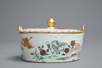 A polychrome petit feu and gilded Dutch Delft famille rose-style butter tub, 18th C.