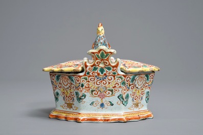 A polychrome petit feu and gilded Dutch Delft rooster-topped butter tub, 1st half 18th C.