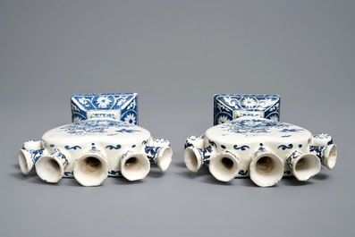 A pair of Dutch Delft blue and white heart-shaped tulip vases, 19th C.