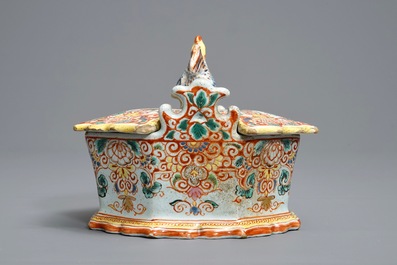 A polychrome petit feu and gilded Dutch Delft rooster-topped butter tub, 1st half 18th C.