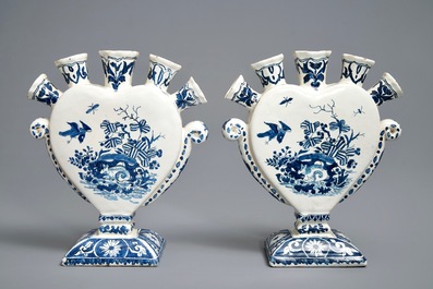 A pair of Dutch Delft blue and white heart-shaped tulip vases, 19th C.