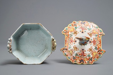 A polychrome petit feu and gilded Dutch Delft rooster-topped butter tub, 1st half 18th C.