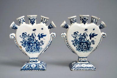 A pair of Dutch Delft blue and white heart-shaped tulip vases, 19th C.
