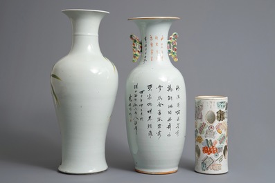 Two Chinese famille rose vases and a qianjiang cai hat stand, 19/20th C.