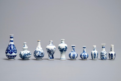 Ten Chinese blue and white miniature vases, Kangxi