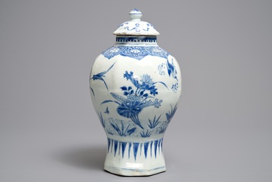 A Chinese blue and white covered vase with birds among flowers, Transitional period
