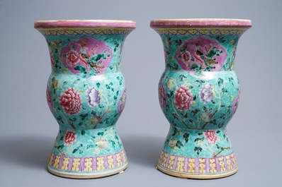 A pair of Chinese famille rose 'phoenix' vases for the Straits or Peranakan market, 19th C.