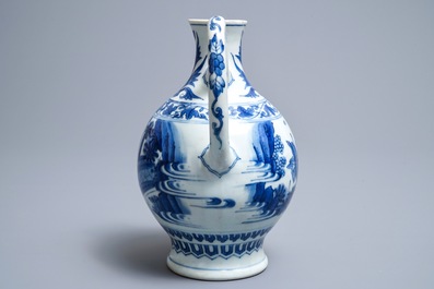 A Chinese blue and white jug with figures in a landscape, Transitional period