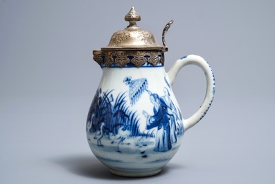 A Chinese blue and white silver-mounted jug after Cornelis Pronk: 'Dames au Parasol', Qianlong