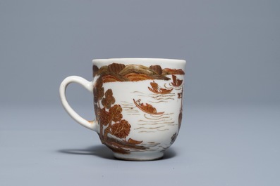 A Chinese grisaille and gilt cup and saucer with a large ship, Yongzheng/Qianlong