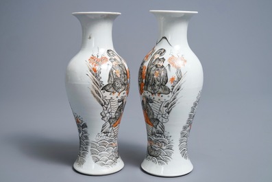 A pair of Chinese iron red, grisaille and gilt vases, Hongxian mark, 20th C.