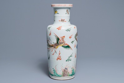 A Chinese famille verte inscribed 'dragon and phoenix' rouleau vase, Kangxi mark and of the period