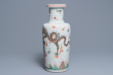 A Chinese famille verte inscribed 'dragon and phoenix' rouleau vase, Kangxi mark and of the period