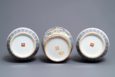 Three Chinese famille rose vases, Qianlong mark, Republic, 20th C.