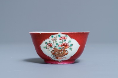 A fine Chinese famille rose 'ruby back' cup and saucer, Yongzheng