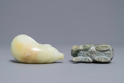 A Chinese jade deer rhyton cup and a spinach green jade pig, Han or later