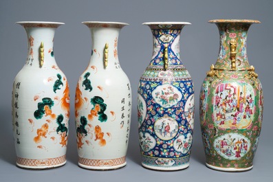 A pair of Chinese 'buddhist lions' vases and two famille rose vases, 19th C.