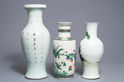 Three Chinese famille rose and verte vases, one with Qianlong mark, 19/20th C.