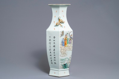 A hexagonal Chinese famille rose &lsquo;Legend of the White Snake&rsquo; vase, 19th C.