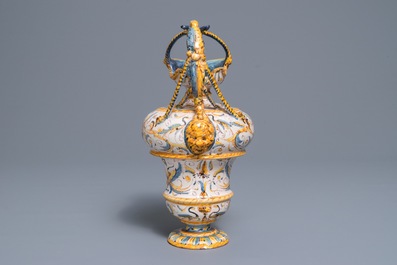 An Italian maiolica jug with grotesques, Caltagirone or Deruta, 17th C.