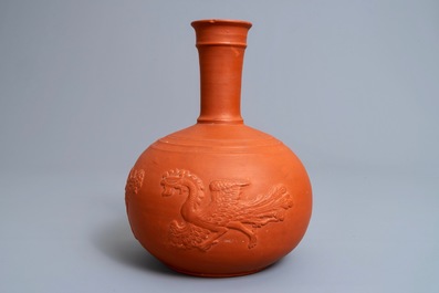 A yixing style red earthenware bottle vase, poss. Dutch Delftware, 18th C.