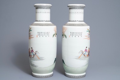 A pair of fine Chinese famille rose rouleau vases, Qianlong mark, Republic, 20th C.