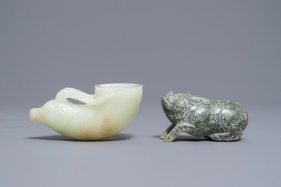 A Chinese jade deer rhyton cup and a spinach green jade pig, Han or later