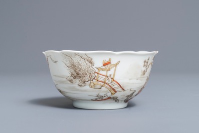 A Chinese gilt grisaille and iron red cup with two saucers, Yongzheng