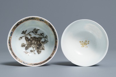 Two Chinese grisaille, gilt and overglaze blue cups and saucers, Yongzheng