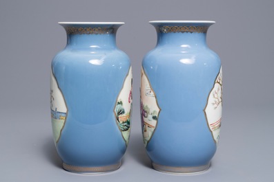 A pair of Chinese famille rose lavender blue ground vases, Qianlong mark, Republic, 20th C.