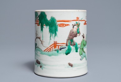 A Chinese famille verte brush pot on wooden stand, Kangxi