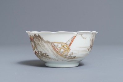 A Chinese gilt grisaille and iron red cup with two saucers, Yongzheng